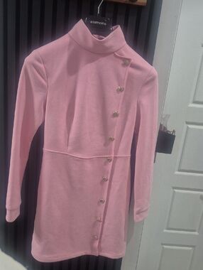 Pink Long-Sleeve High-Neck Button-Detail Mini Dress